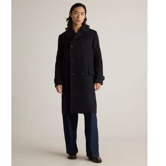 New Quince Mens Large Black Italian Wool Double-Breasted Officer Topcoat 3545 - Picture 1 of 13